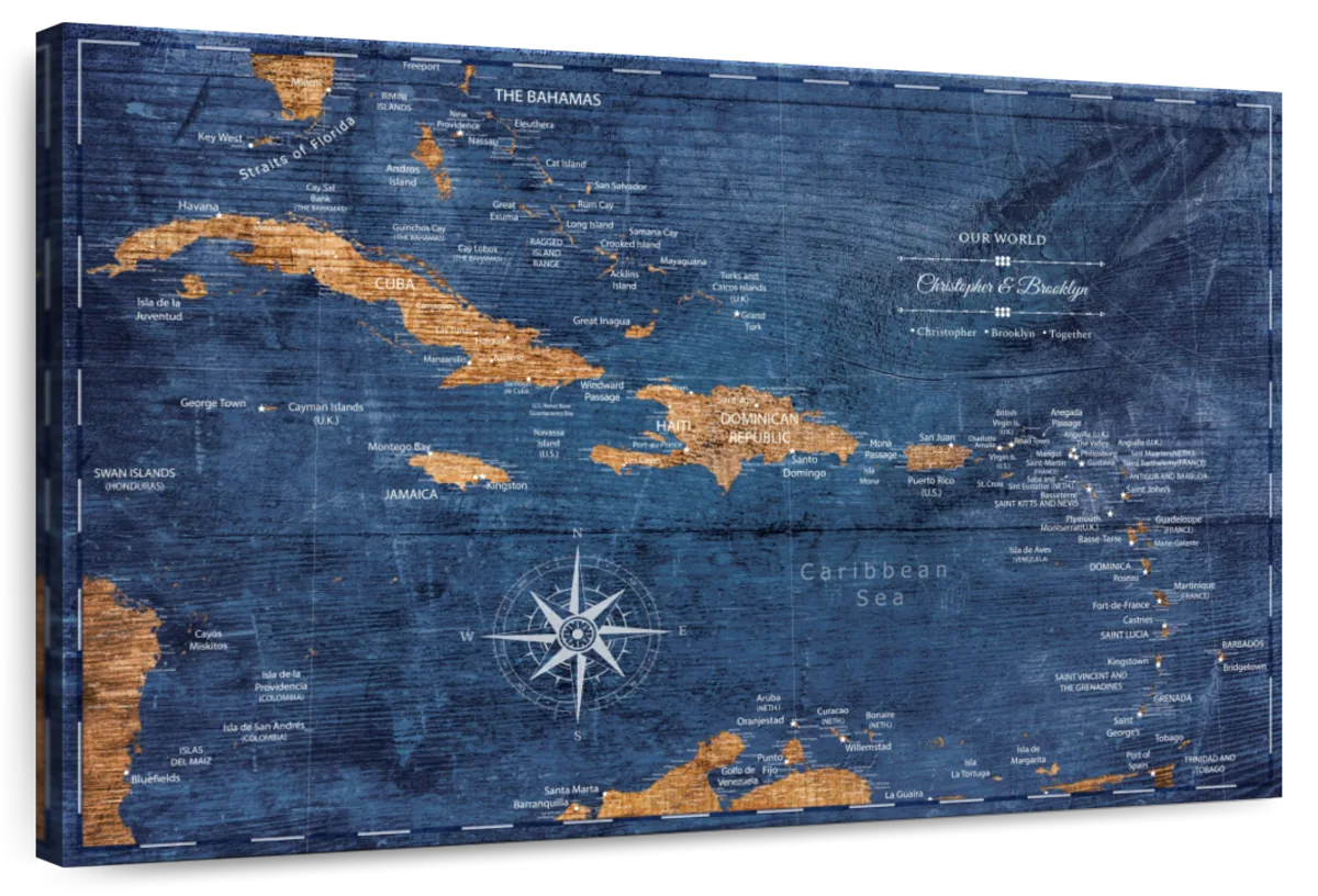 Personalized Coastal Quest Caribbean Push Pin Map 1