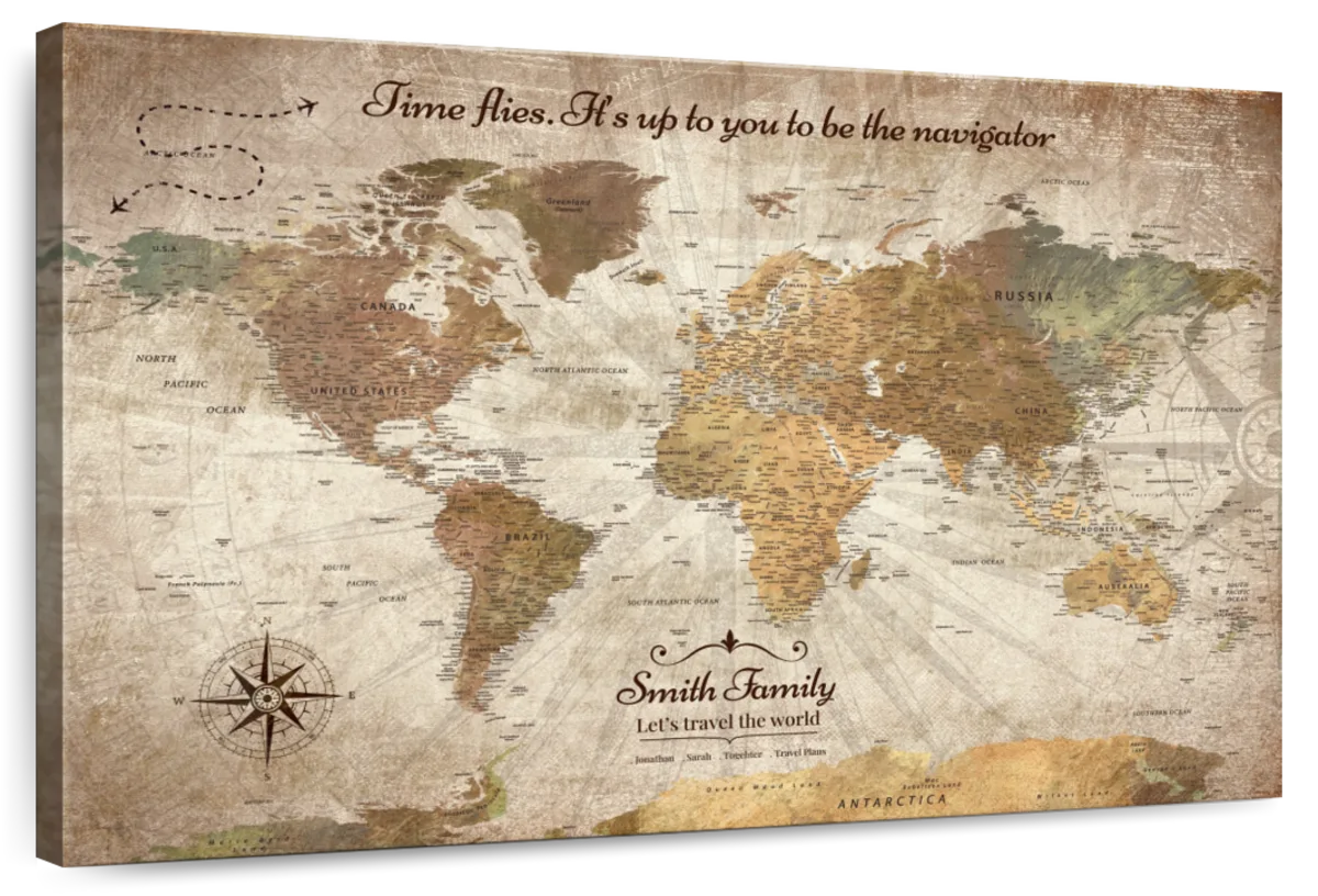 Personalized Time Flies Push Pin World Map 1