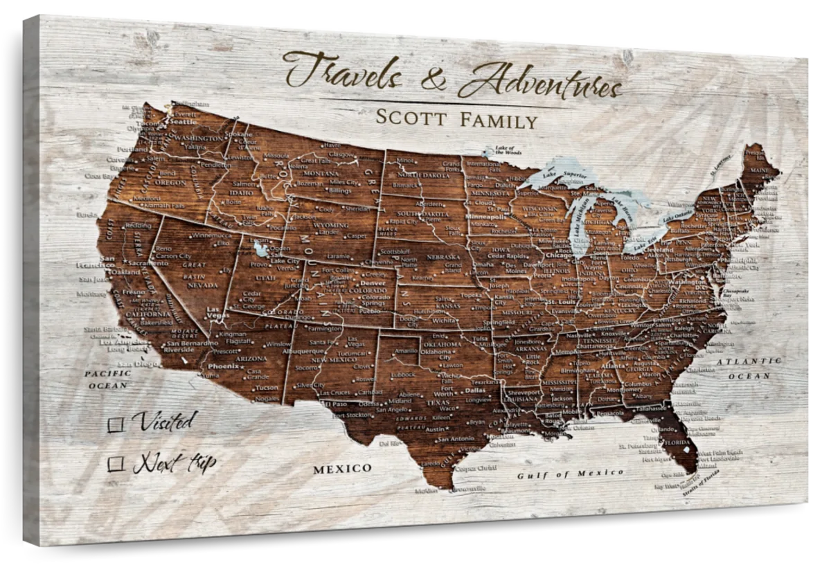 Personalized Travels and Adventures Push Pin USA Map 1