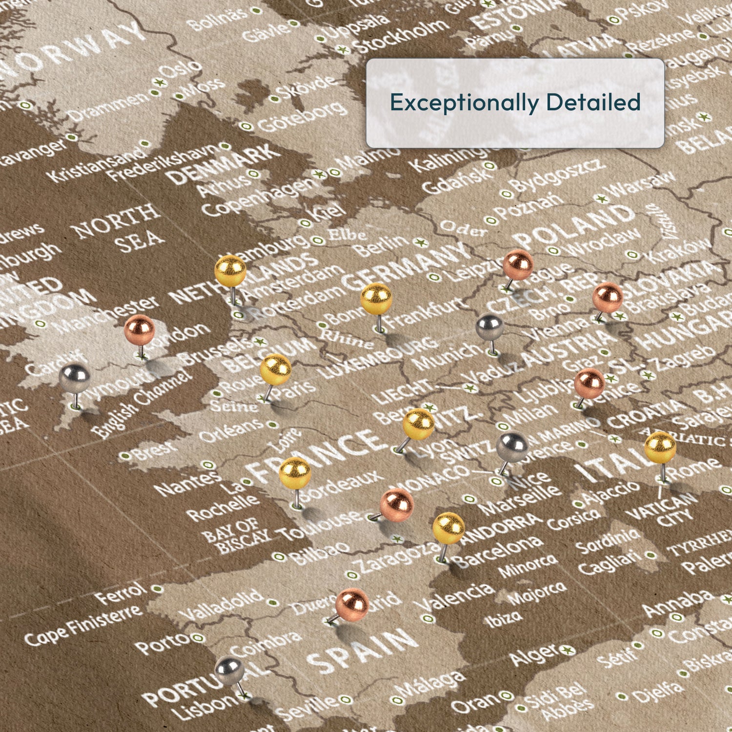 Brown Tones Europe Push Pin Map 3