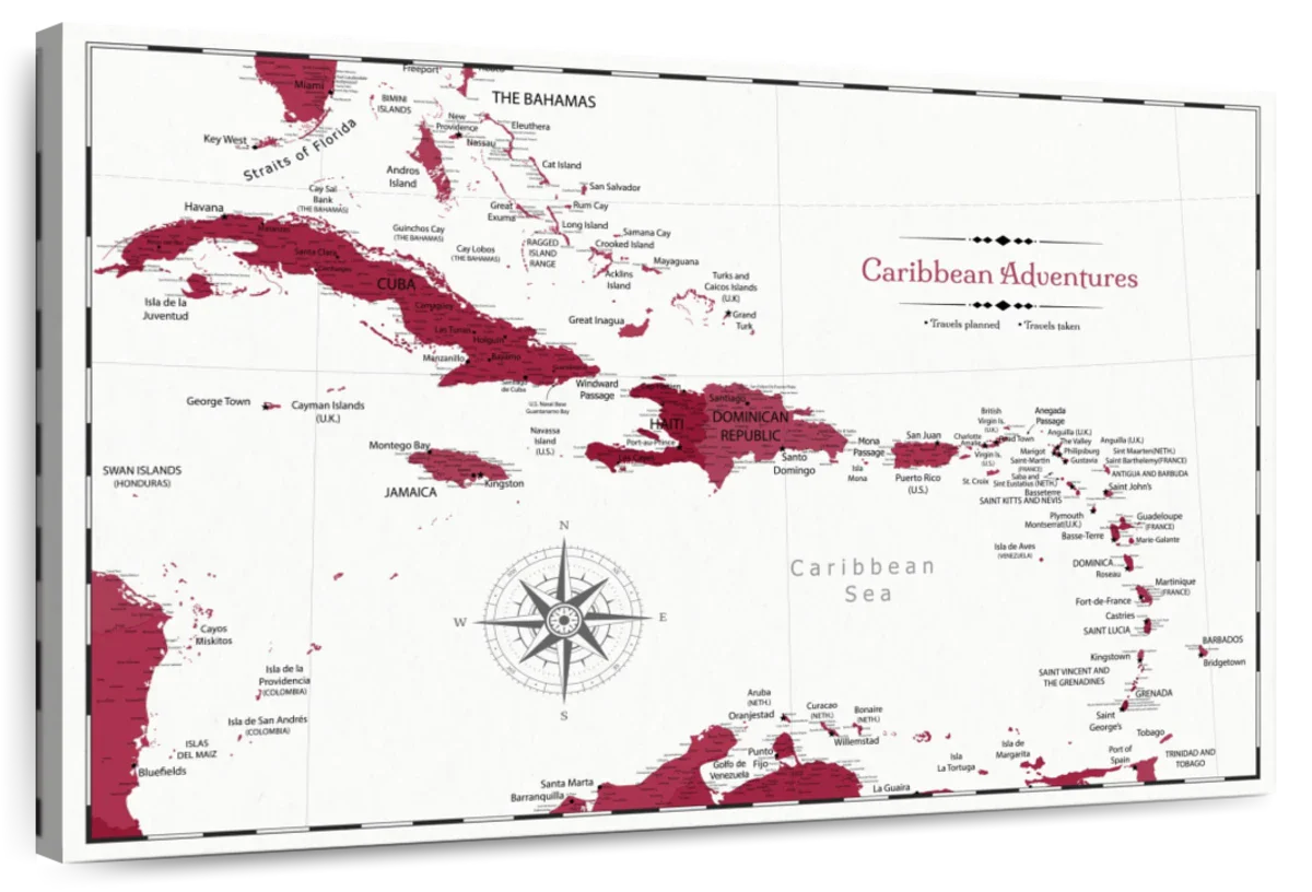 Burgundy Adventures Caribbean Push Pin Map 1