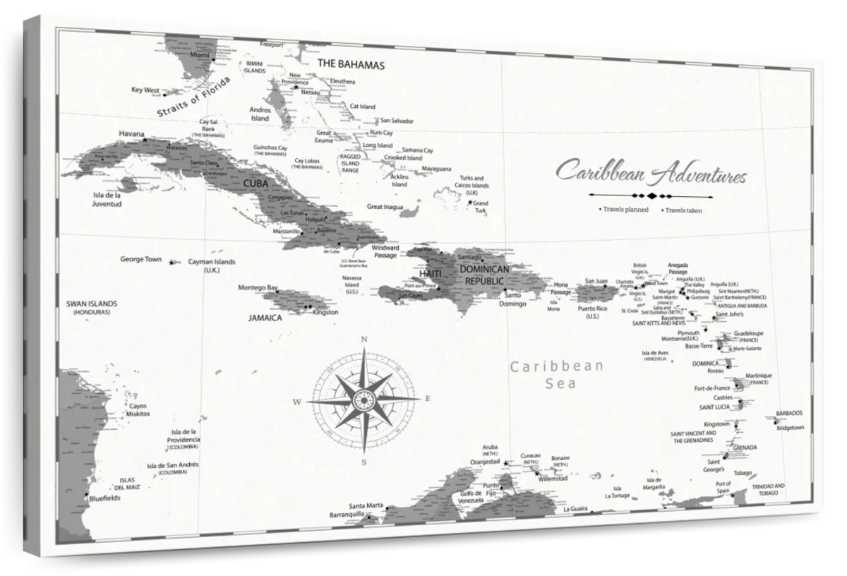 Light Gray Adventures Caribbean Push Pin Map 1