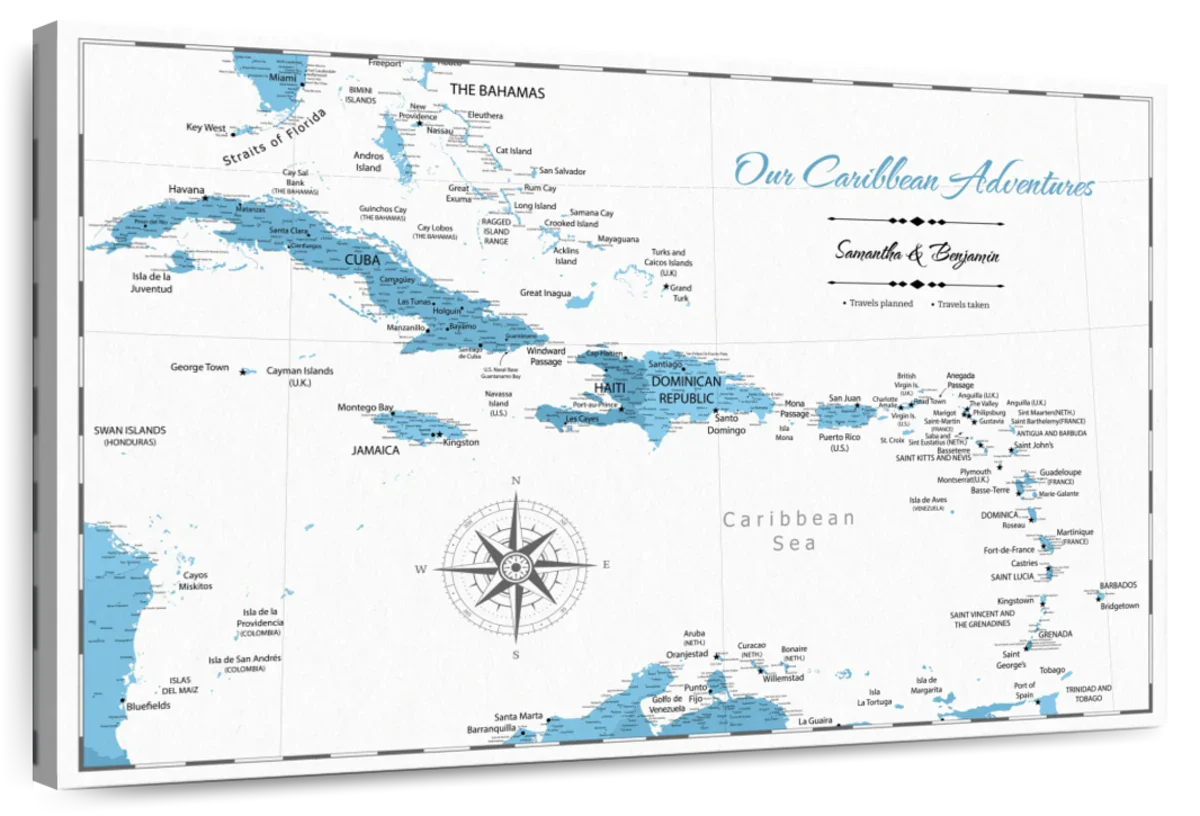 Personalized Across the Caribbean Push Pin Map 1