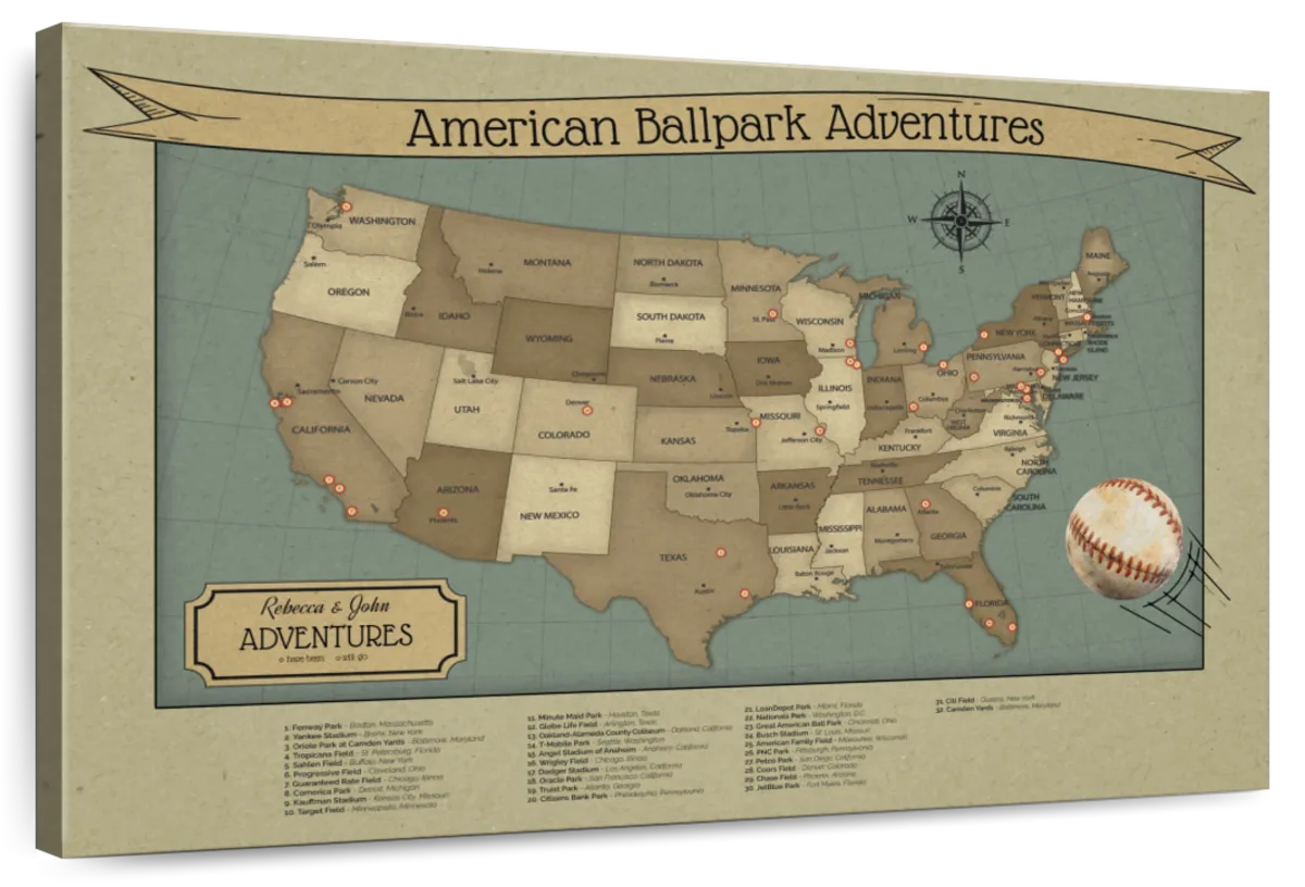 Personalized Ballpark Adventures Baseball Push Pin Map 1
