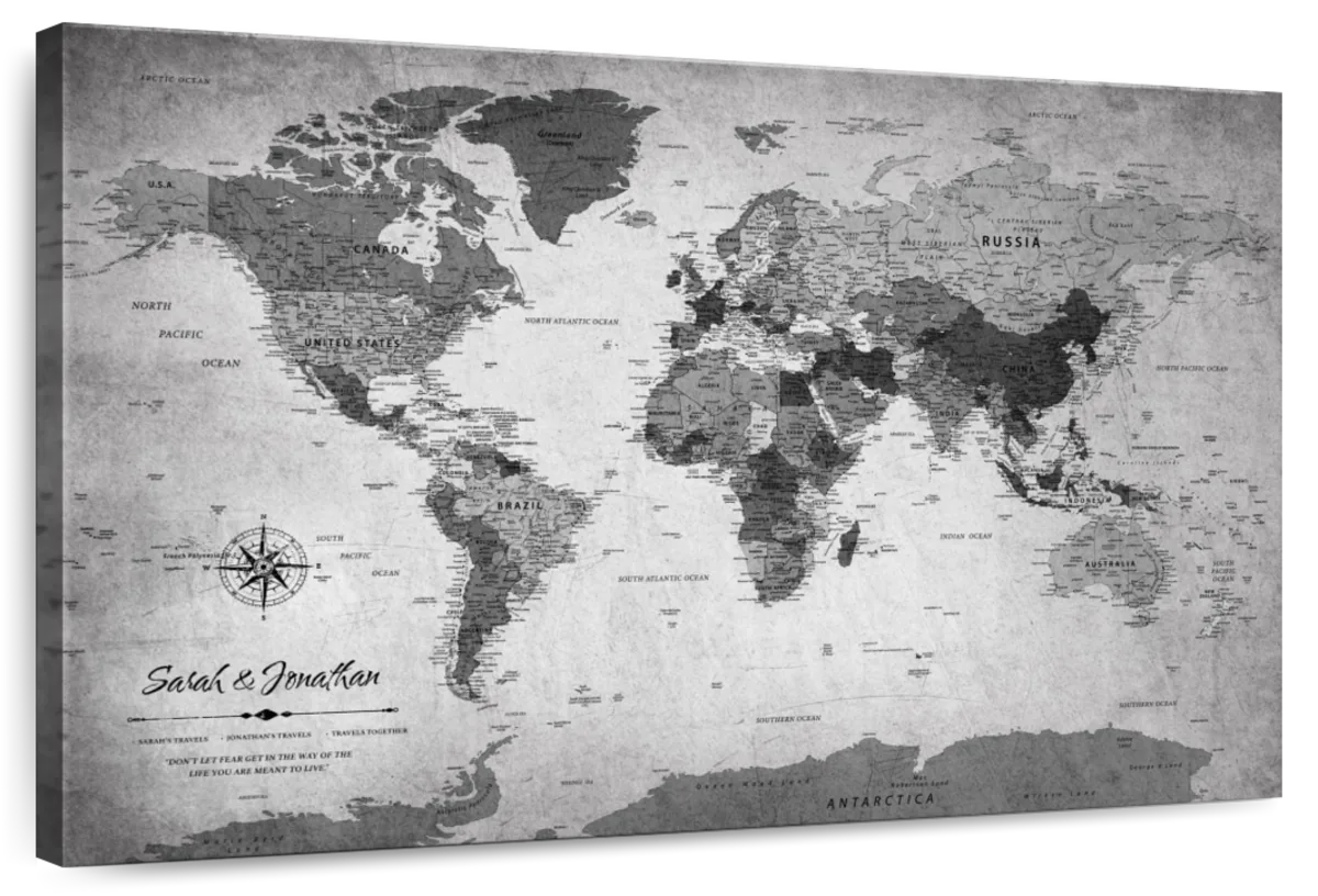 Personalized Black and White Push Pin World Map 1
