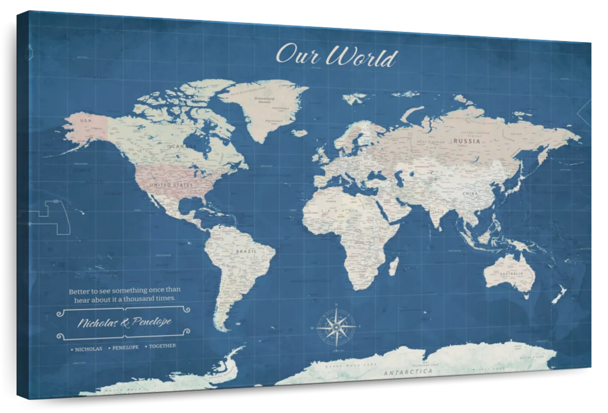 Personalized Blue Horizon Push Pin World Map 1