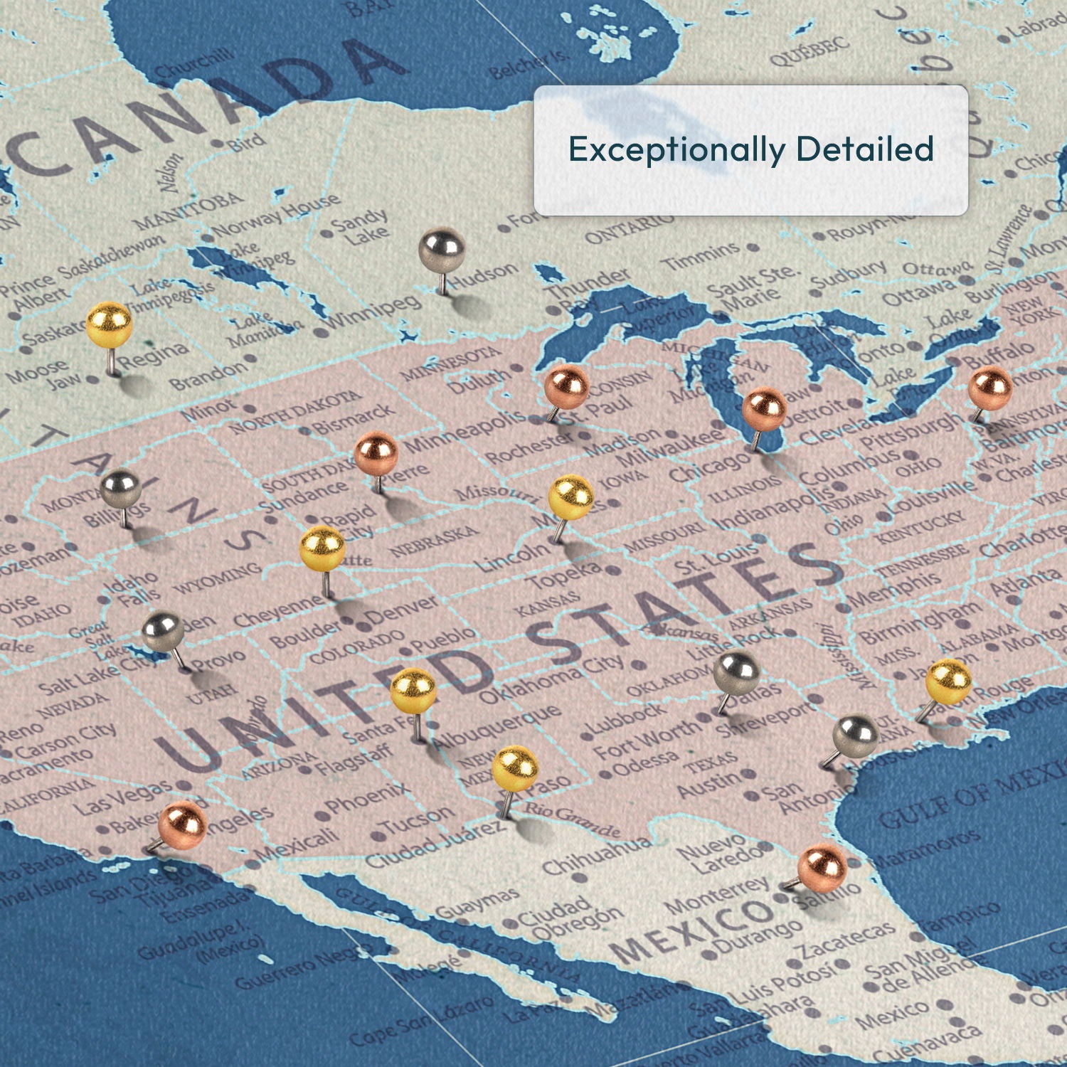 Personalized Blue Horizon Push Pin World Map 4