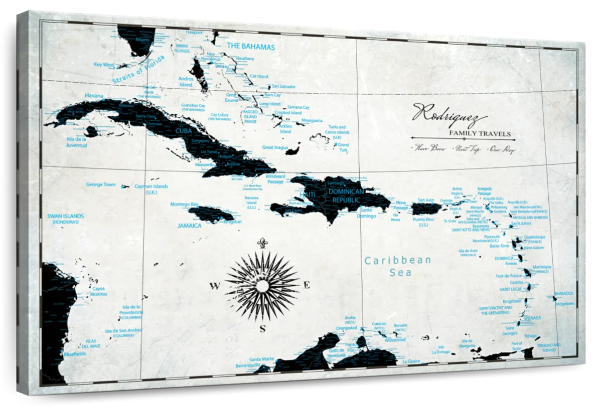 Personalized Family Travels Caribbean Push Pin Map 1