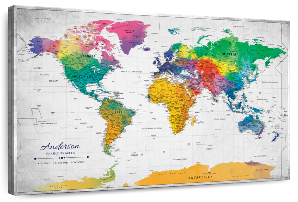 Personalized Family Travels Push Pin World Map 1