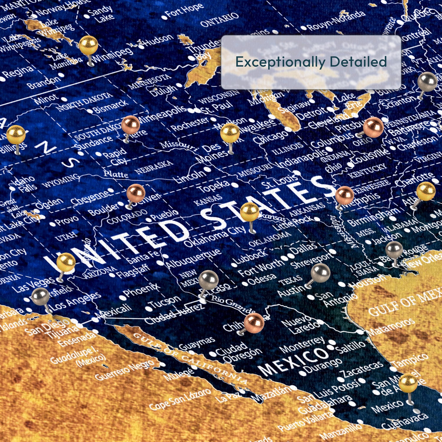 Personalized Golden And Blue Journeys Push Pin World Map 3