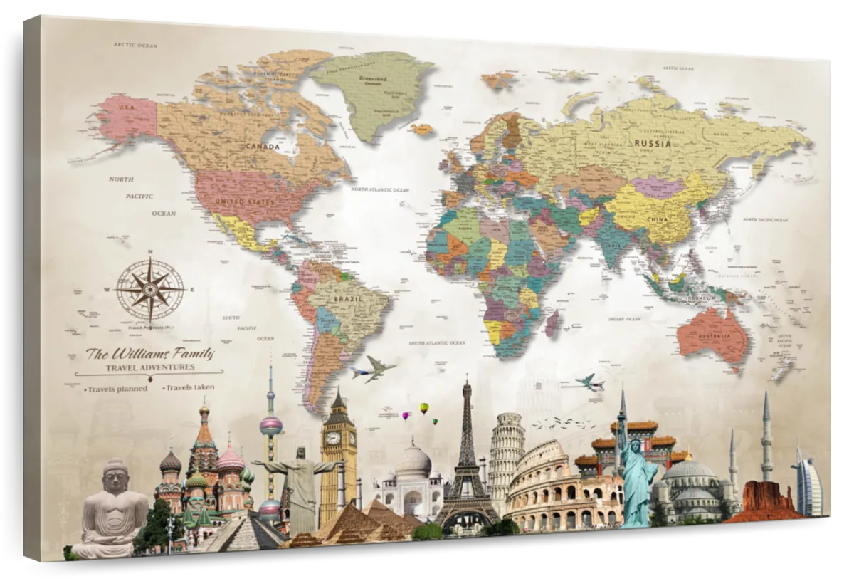 Personalized Landmark Destinations Push Pin World Map 1