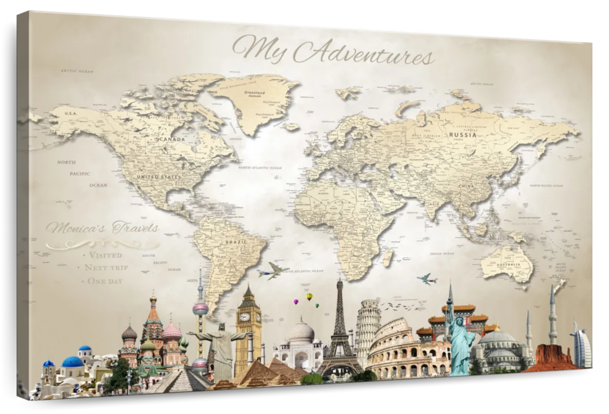 Personalized Landmarks Push Pin World Map 1