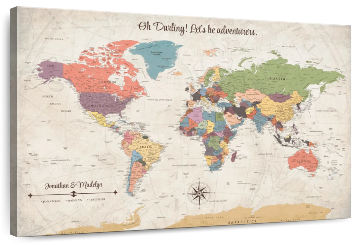 Personalized Lets Be Adventurers Push Pin World Map 1