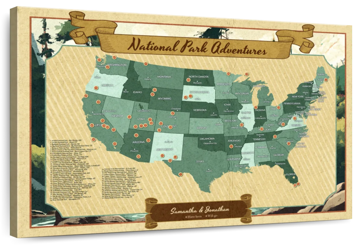 Personalized National Park Adventures Push Pin USA Map 1