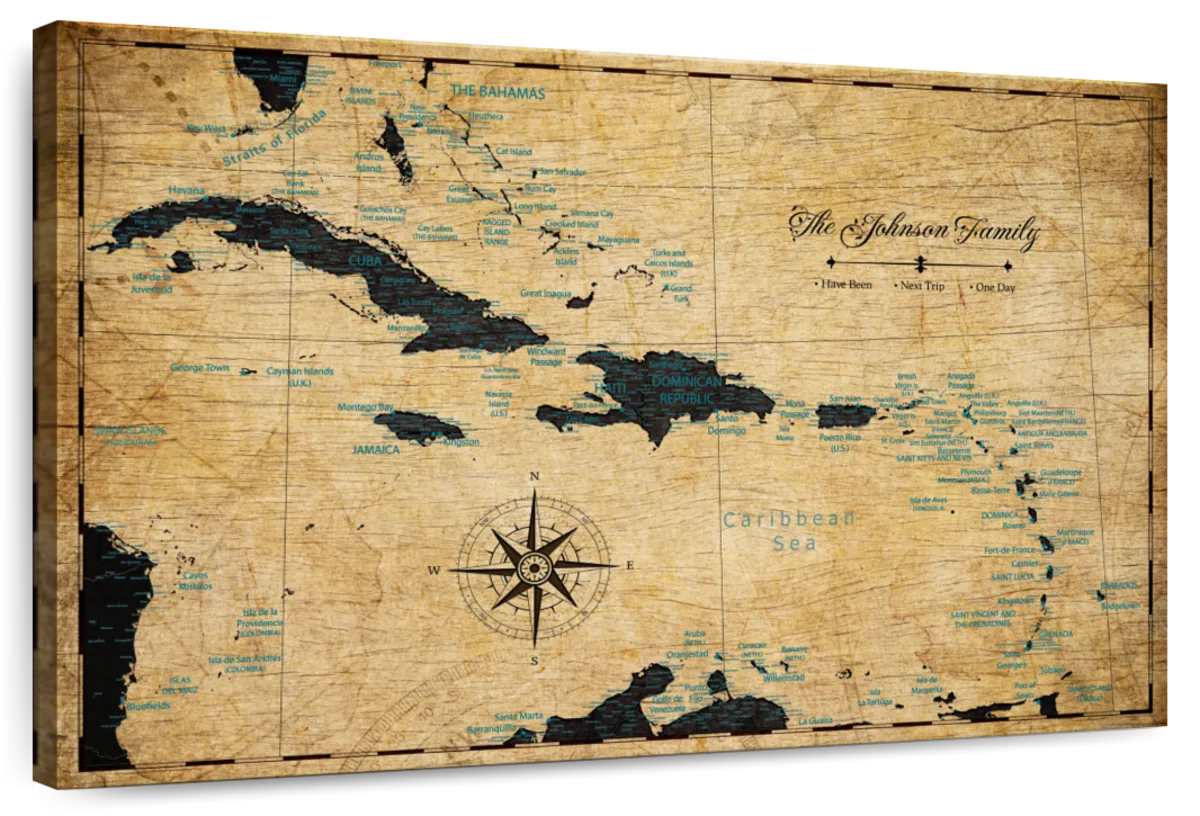 Personalized Old World Caribbean Push Pin Map 1