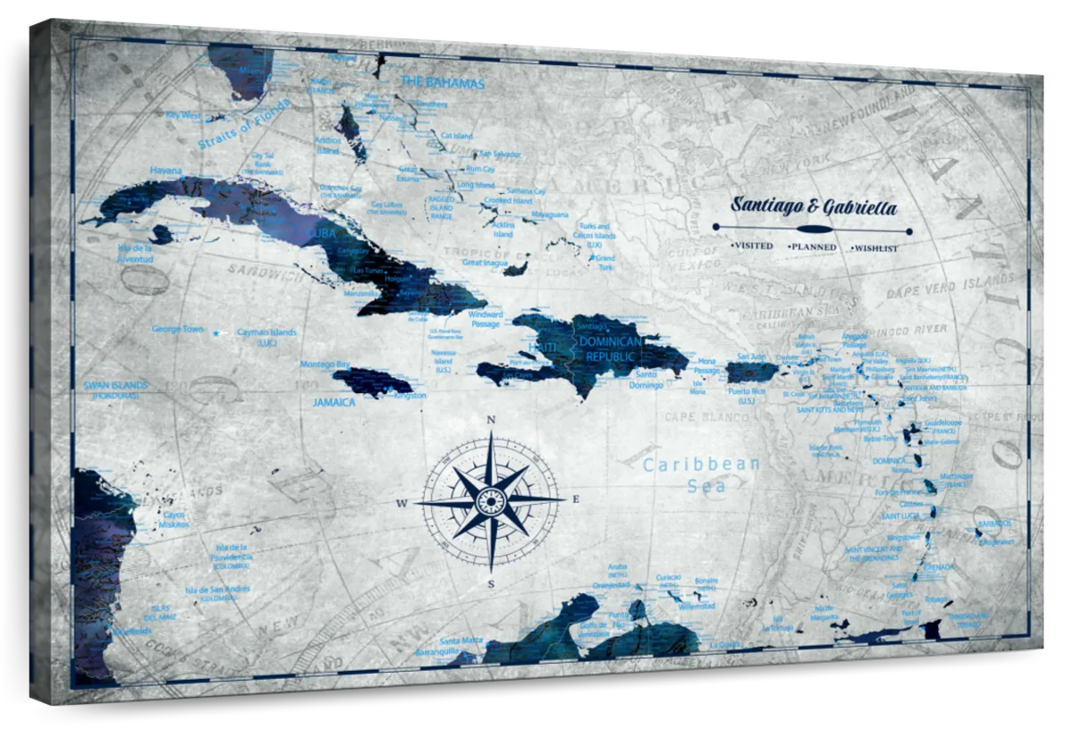Personalized Slate Blue Journeys Caribbean Push Pin Map 1