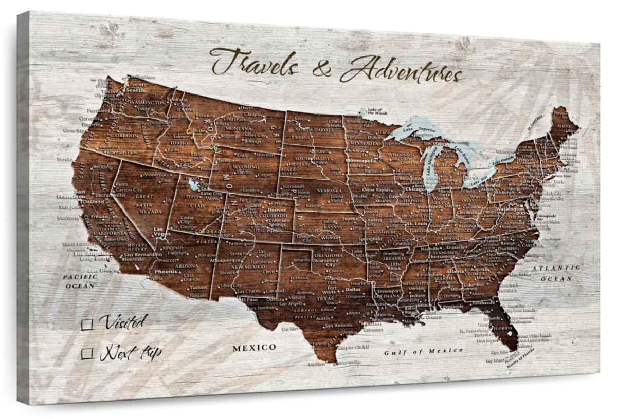 Personalized Travels and Adventures Push Pin USA Map