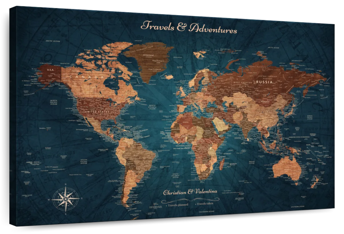 Personalized Travels and Adventures Push Pin World Map