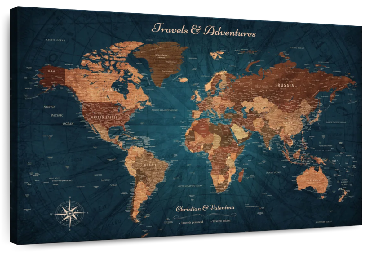 Personalized Travels and Adventures Push Pin World Map 1