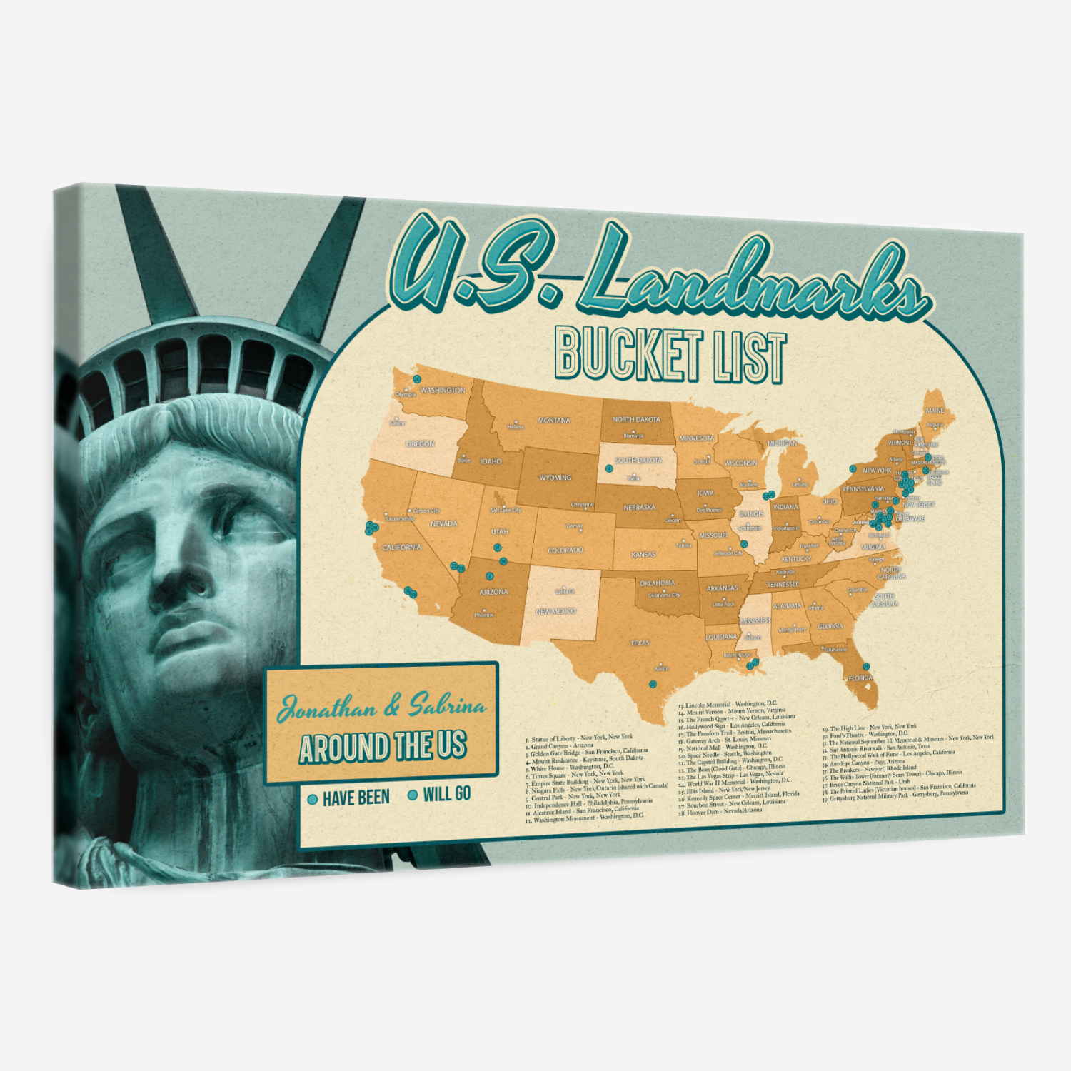 Personalized US Landmarks Push Pin USA Map 1