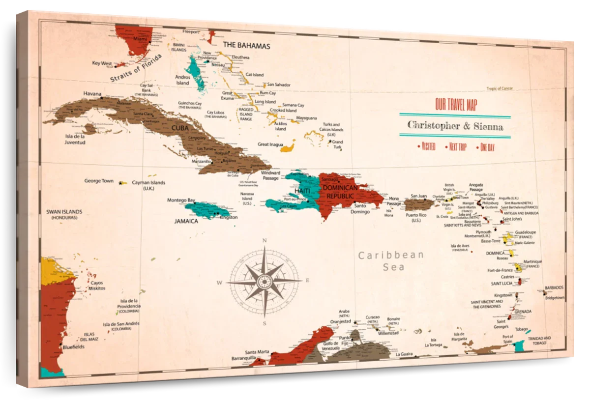 Personalized Warm Escapes Caribbean Push Pin Map 1