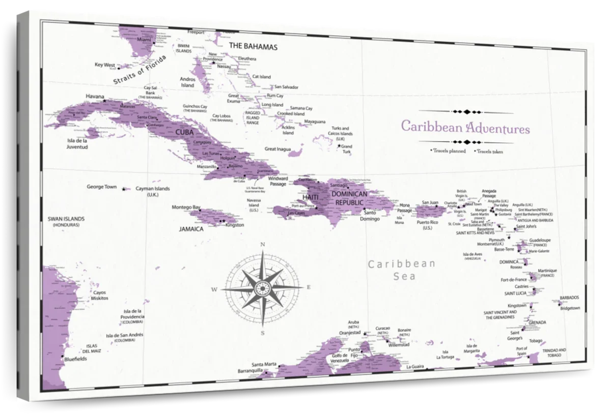 Purple Adventures Caribbean Push Pin Map 1